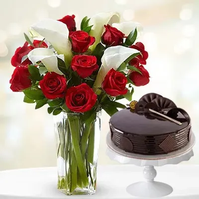 Roses & Lilies in Vase with Cake