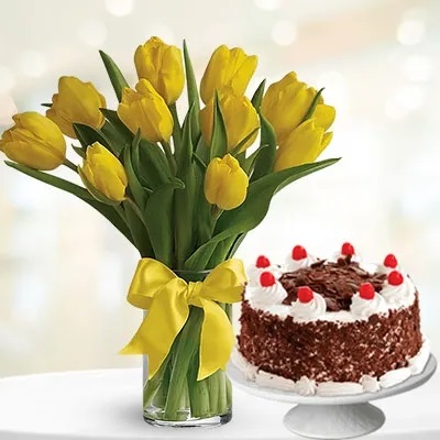 Tulips in Vase & Cake