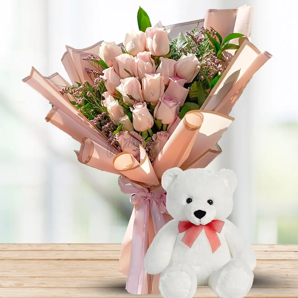 12 Pink Roses & Teddy