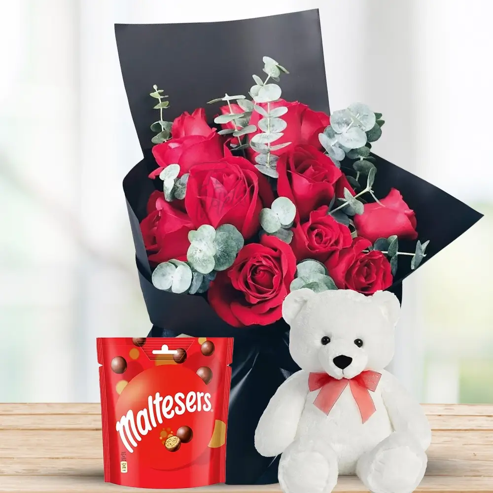 Beautiful Red Rose with Chocolate & Teddy