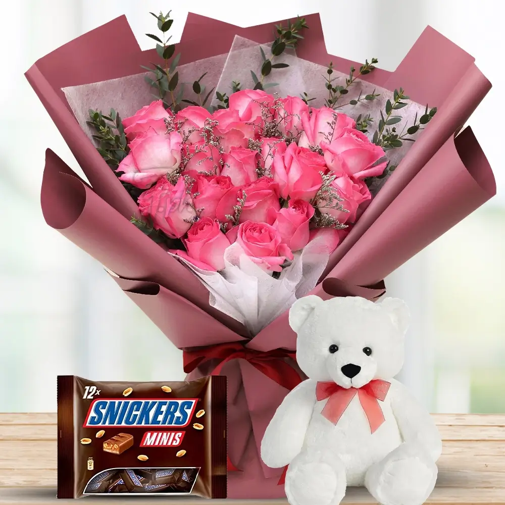Pink Roses with Chocolate & Teddy.