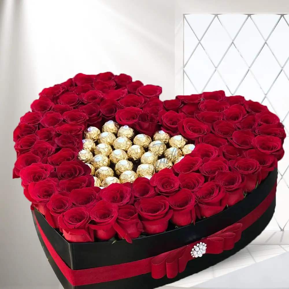 Heart Shaped Arrangement Roses and Chocolates
