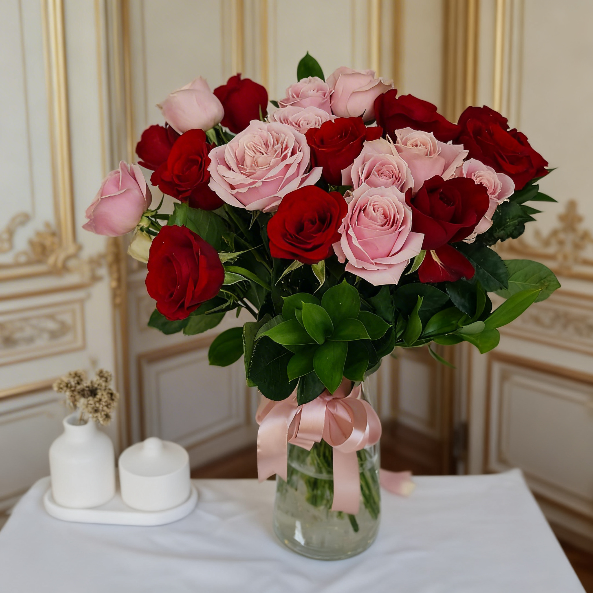 21 red and pink rose in vase