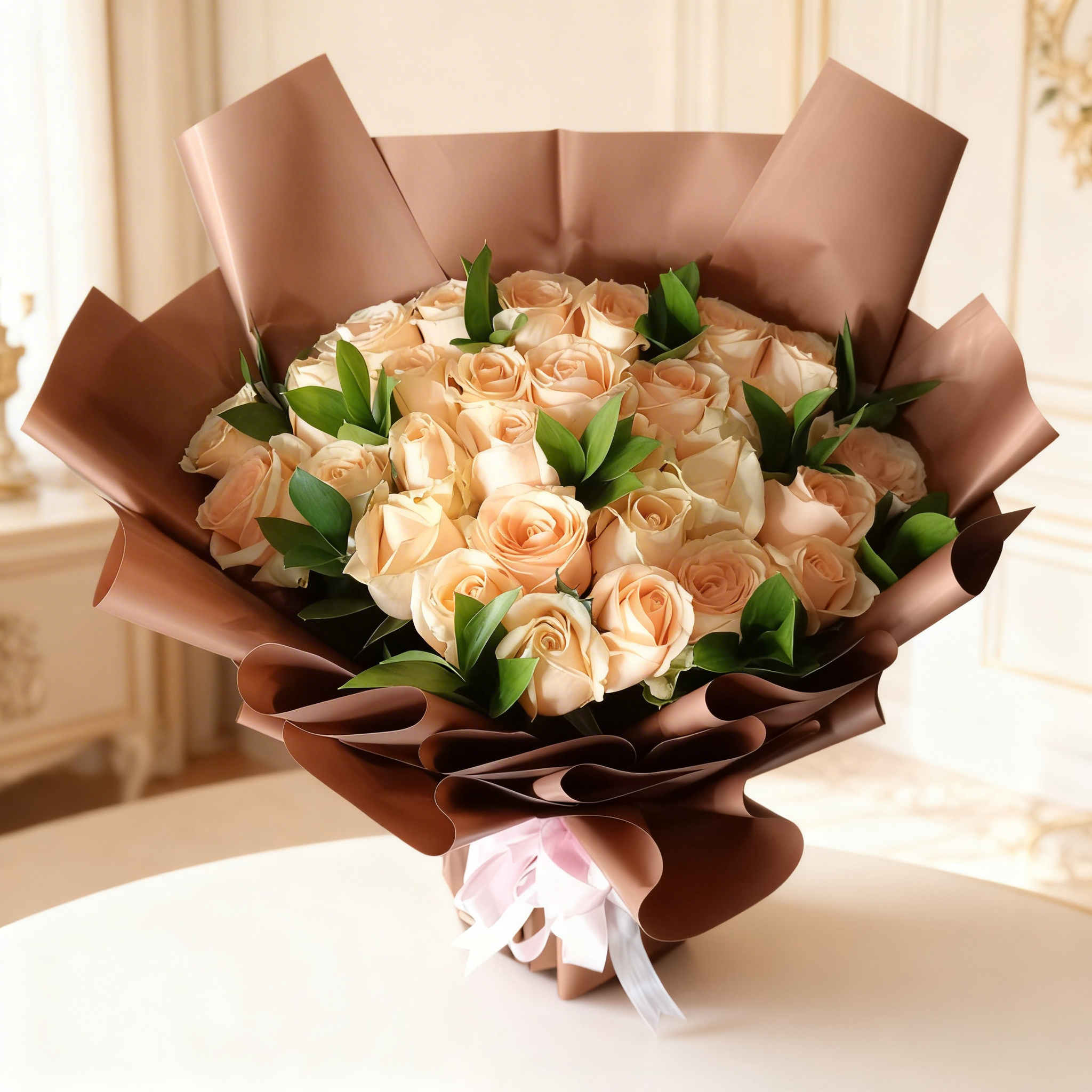 Peach Roses Bouquet with Eucalyptus Leaves and Ribbon