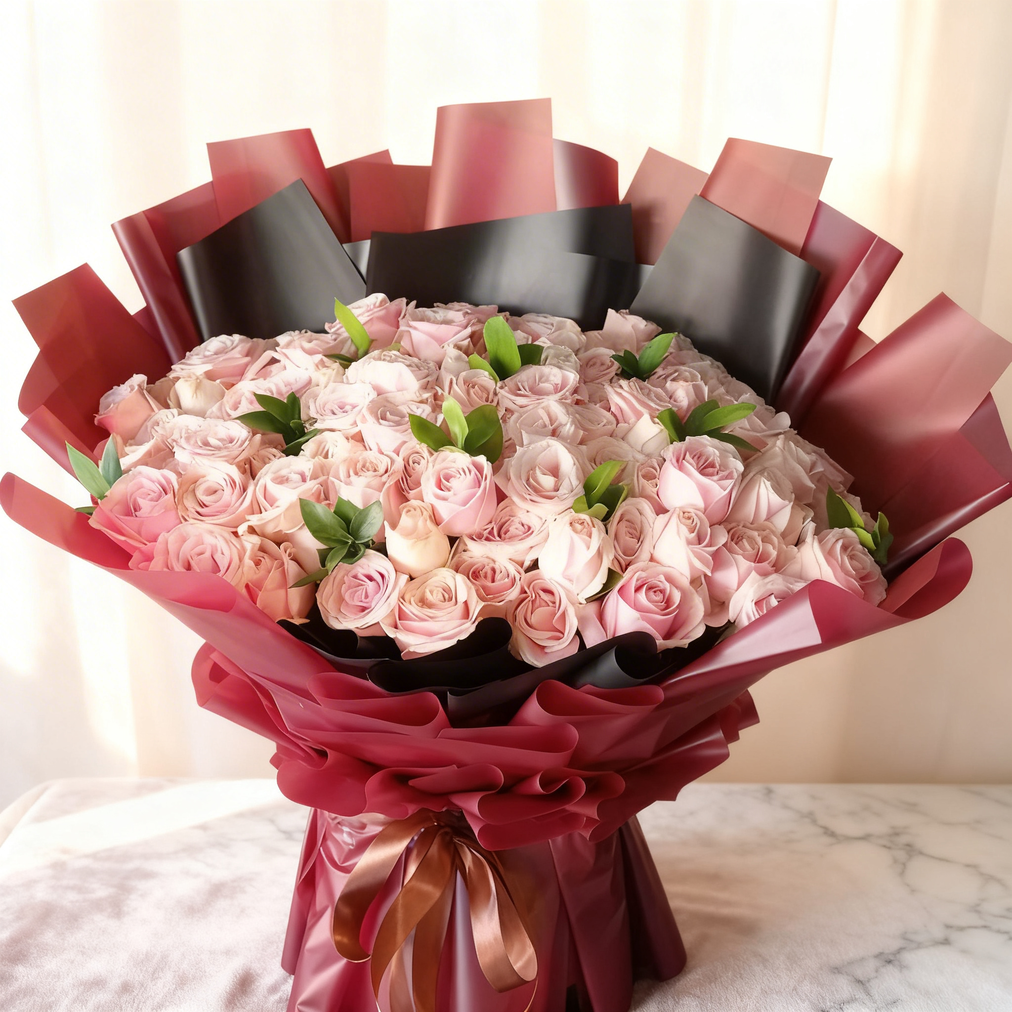Bouquet of 35 pink roses with fillers, wrapped in paper and tied with a ribbon.