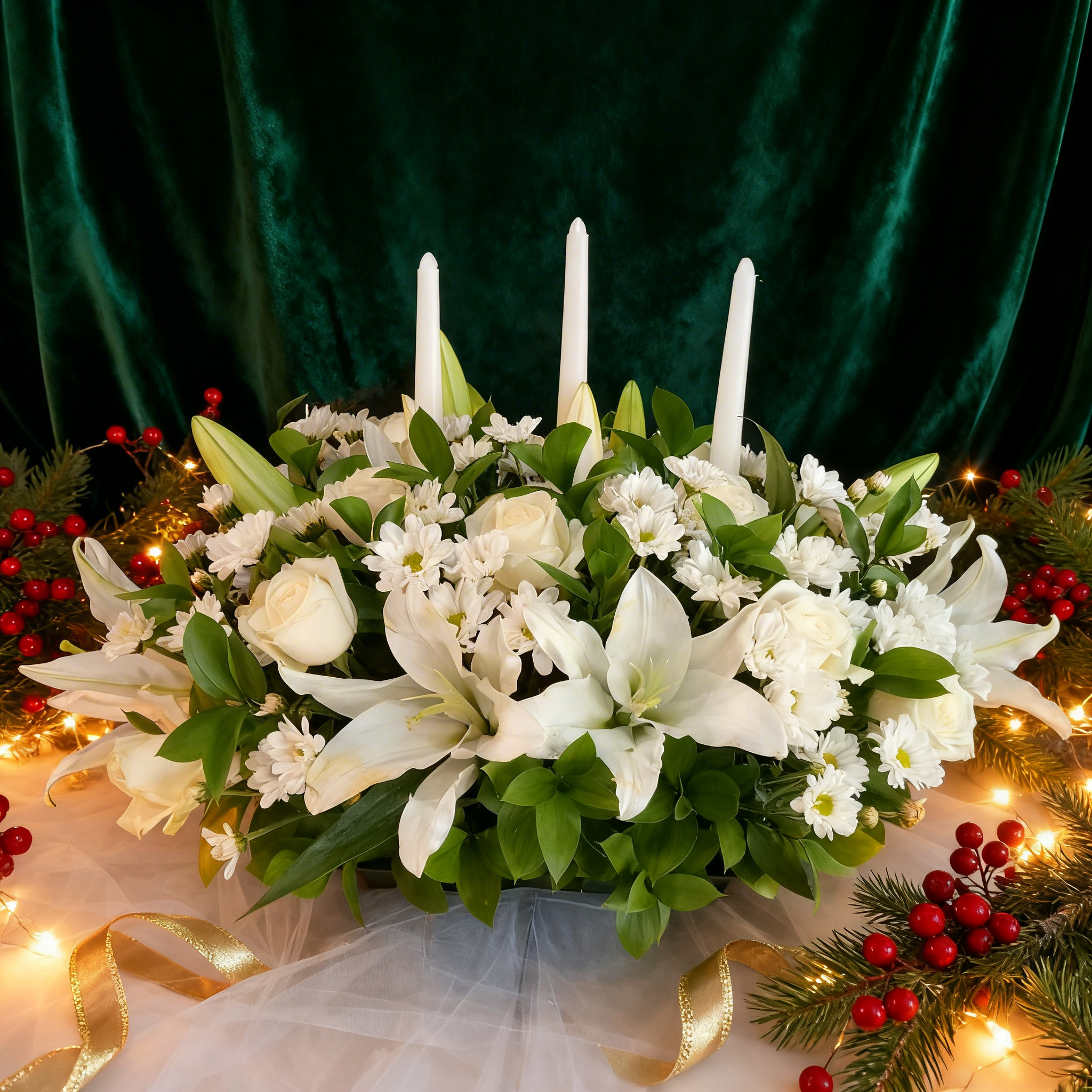Lily Candle Bliss featuring white lilies, carnations, and three silver candles in a stylish floral arrangement.