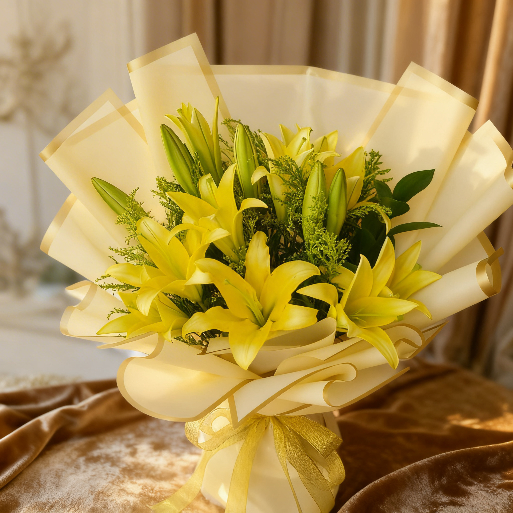 Bouquet of 5 Stems of Yellow Lilies with greens