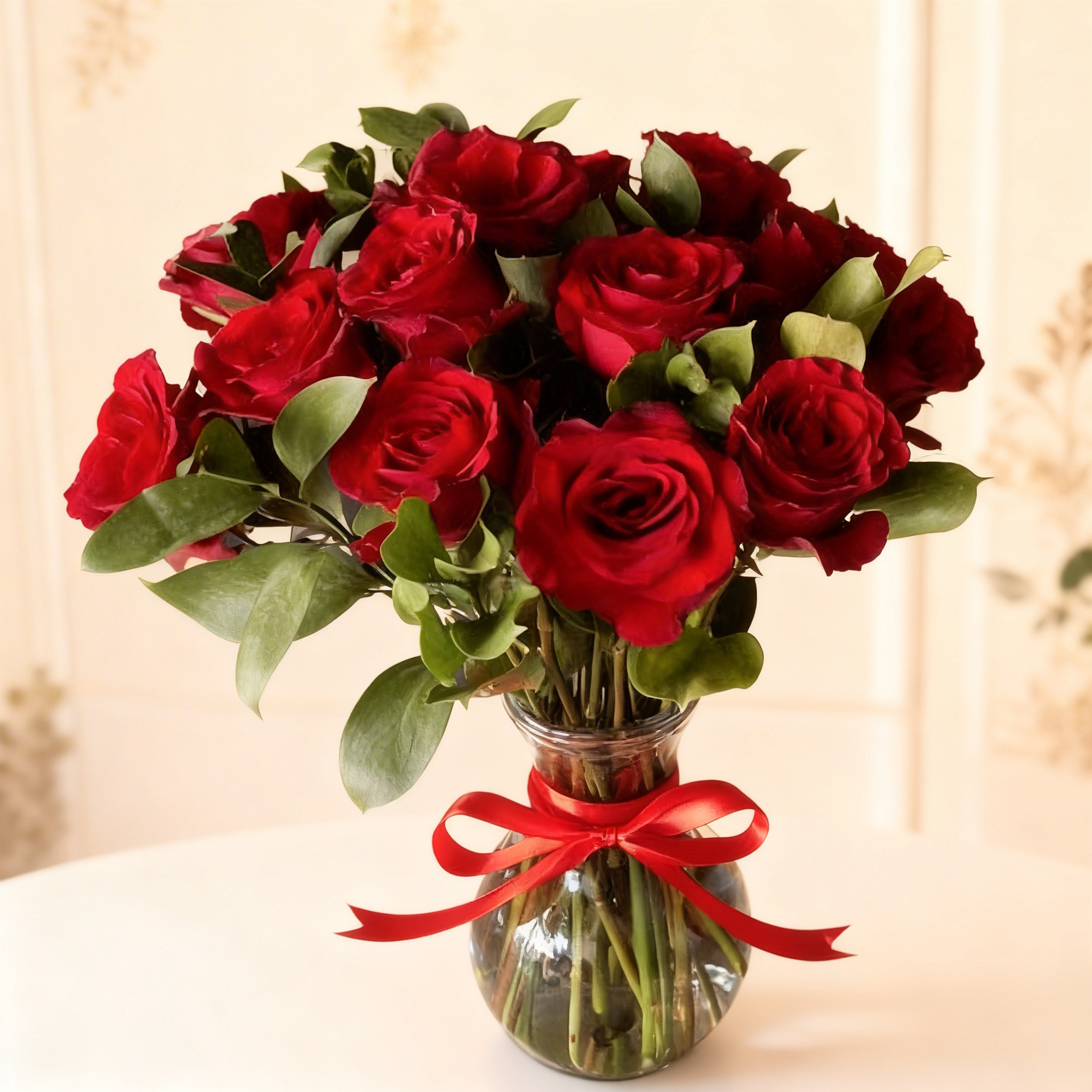 15 stems of red roses glass vase