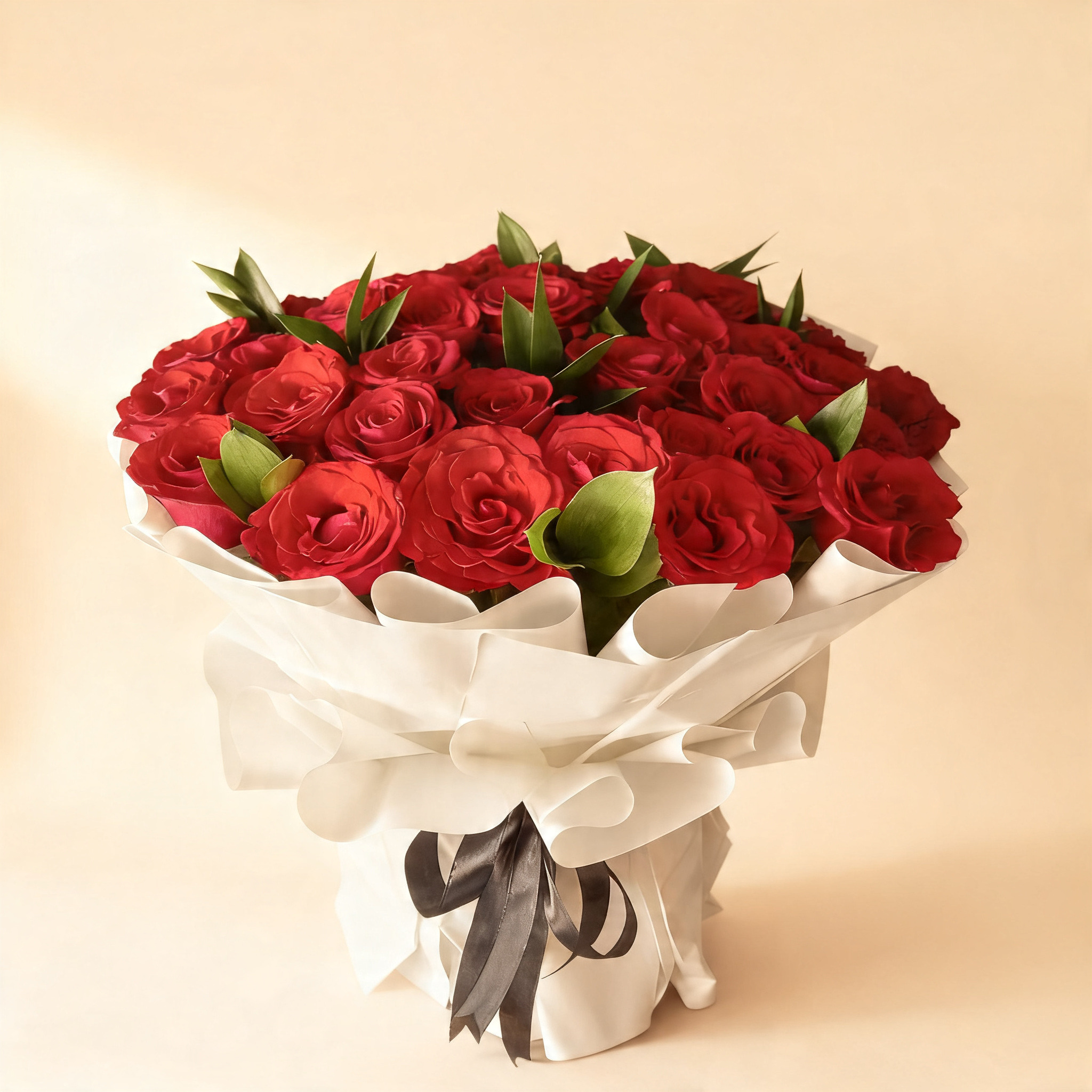 Bouquet of 40 red roses with fillers wrapped in paper and ribbons for online flower delivery