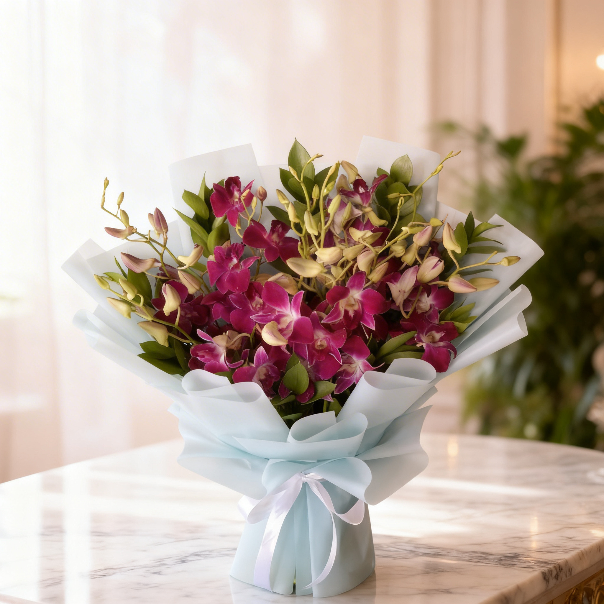 20 purple orchids bouquet