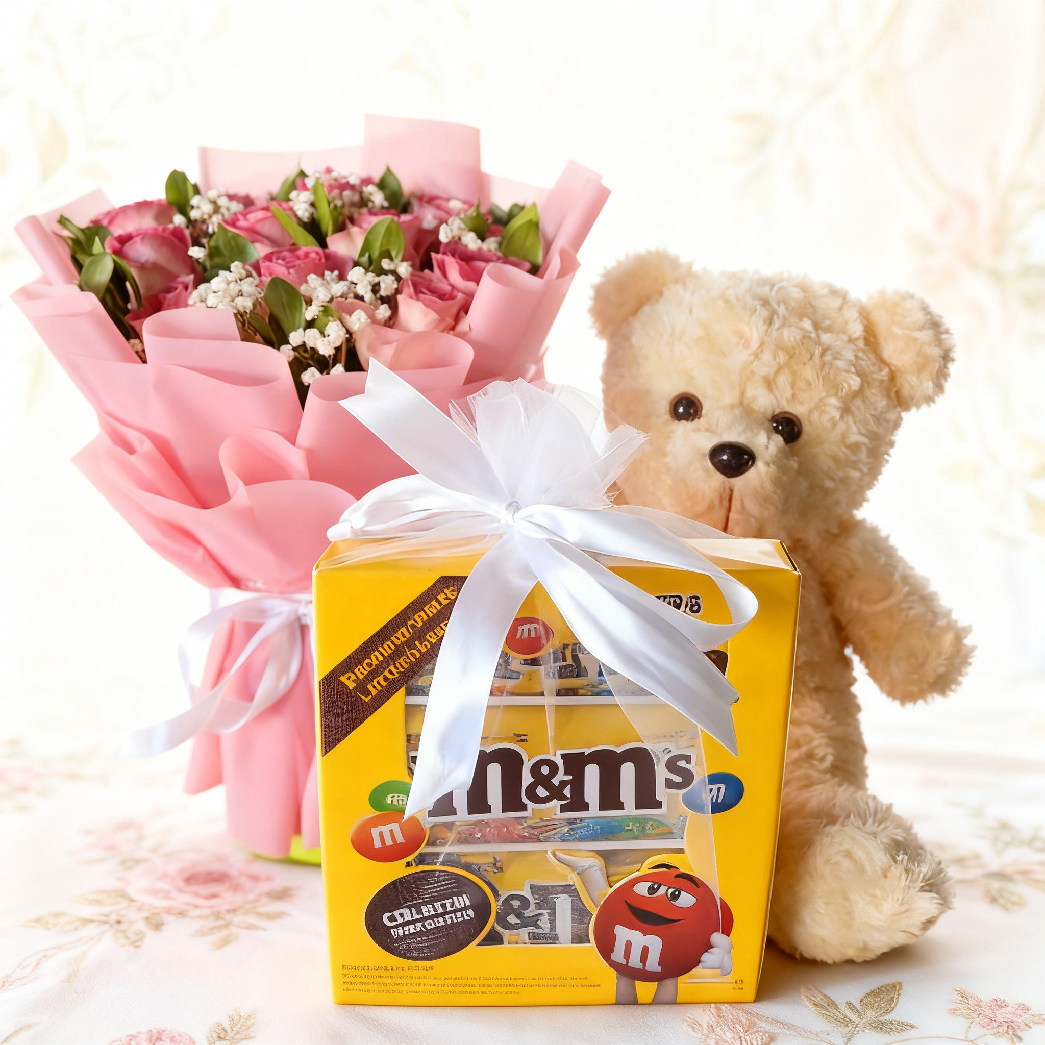 Endearing Pink Roses Teddy & Chocolate Combo