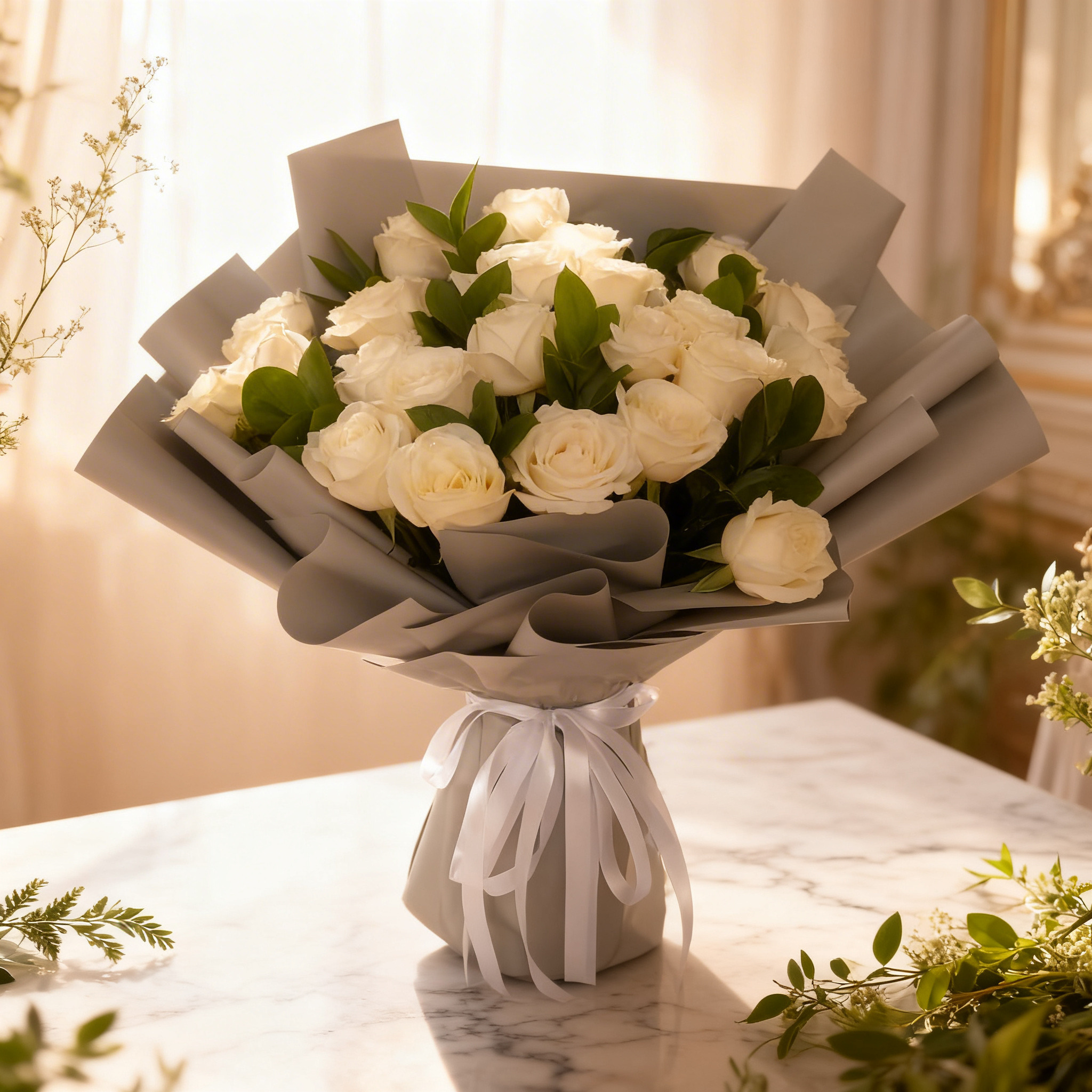 Bouquet of 24 white roses with green fillers in elegant wrapping.
