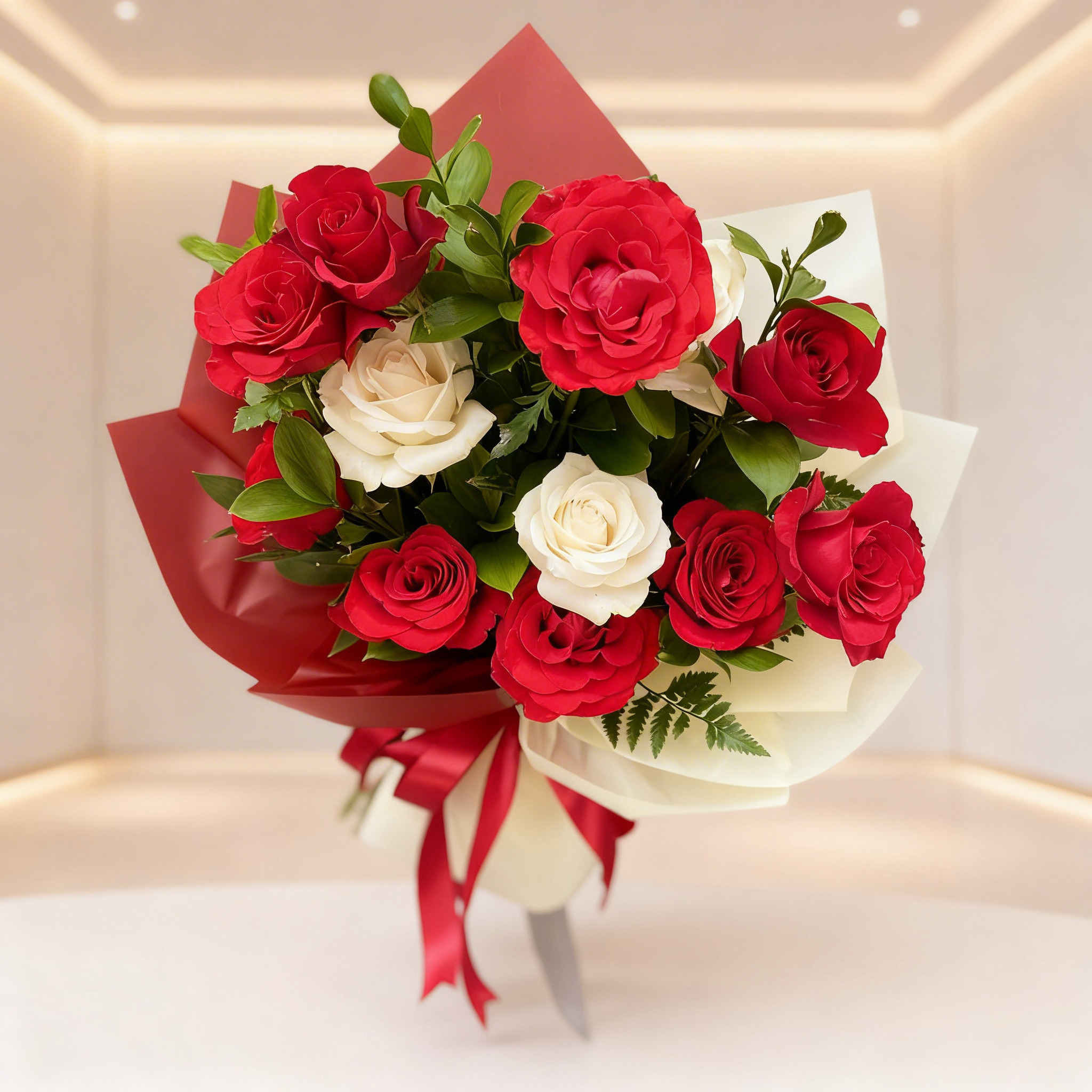 Bouquet of 12 red and white roses