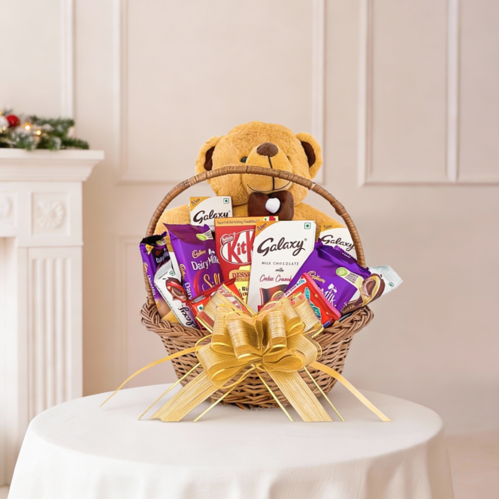 Chocolate Bliss & Teddy Gift Basket with 10 chocolates and 16 cm teddy