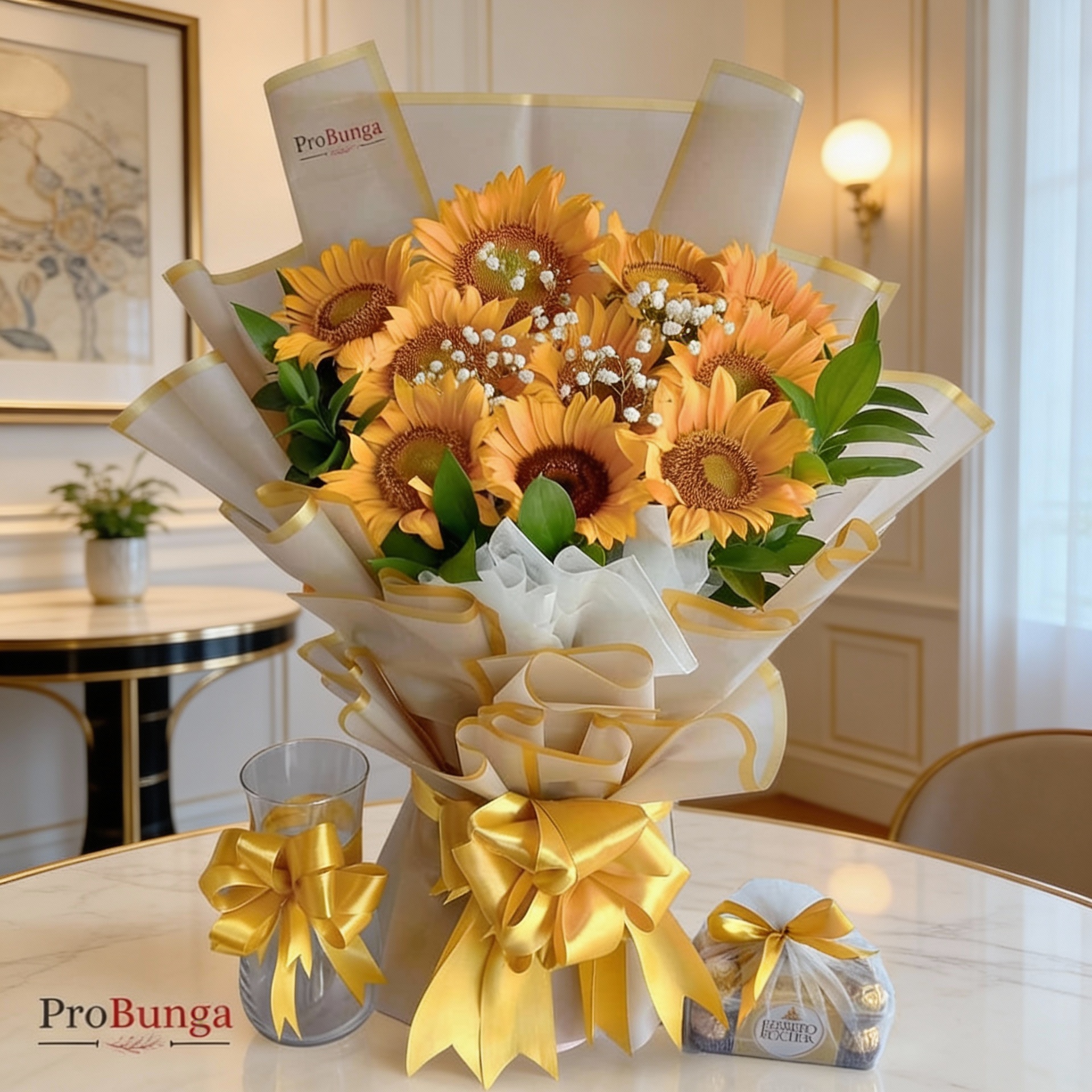 Sunny Choco – 10 Sunflowers with Vase and 16 Ferrero Rocher Chocolates