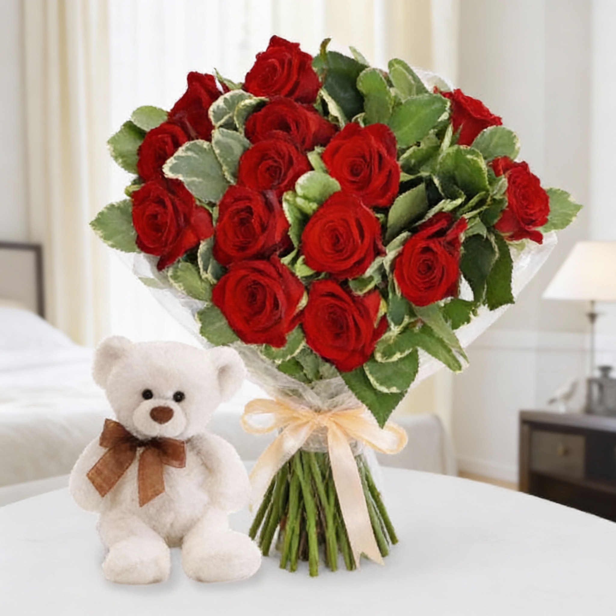 10 Red Roses bouquet with 6-Inch Teddy