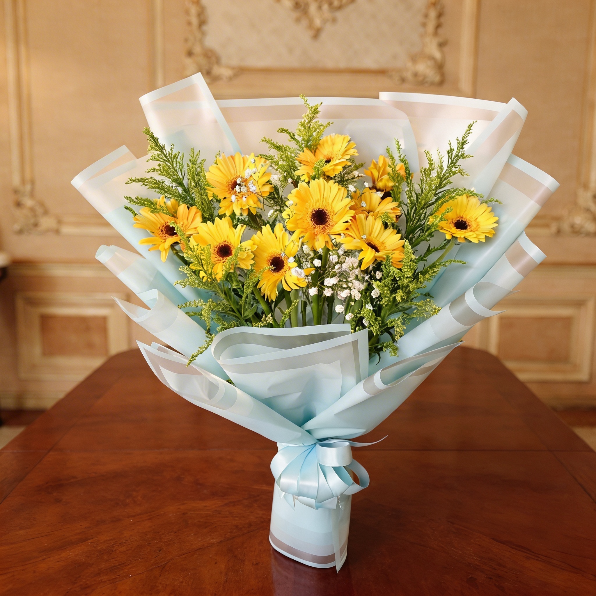 Bouquet of 10 yellow gerberas with greens