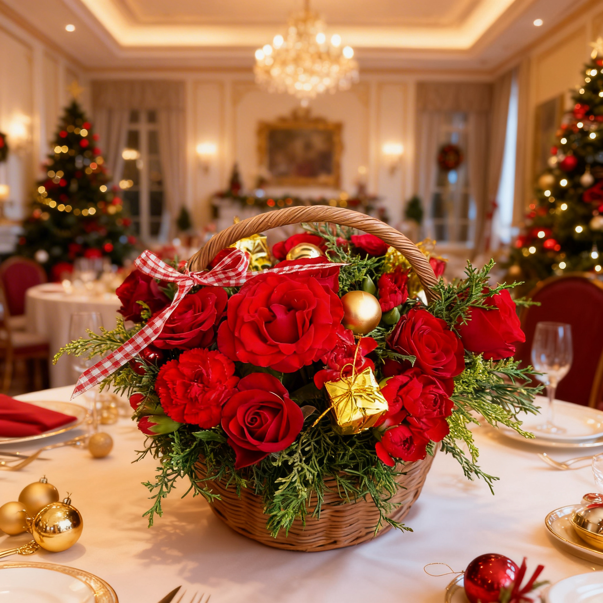 Ruby Bloom Basket with 24 deep red roses – Christmas floral gift