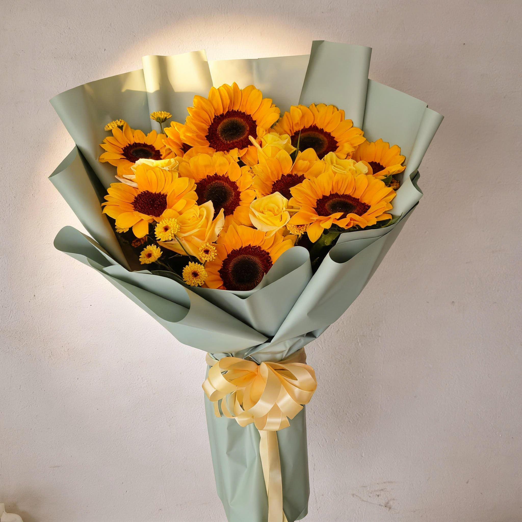 Yellow Happiness Bouquet with sunflowers, roses, and fillers