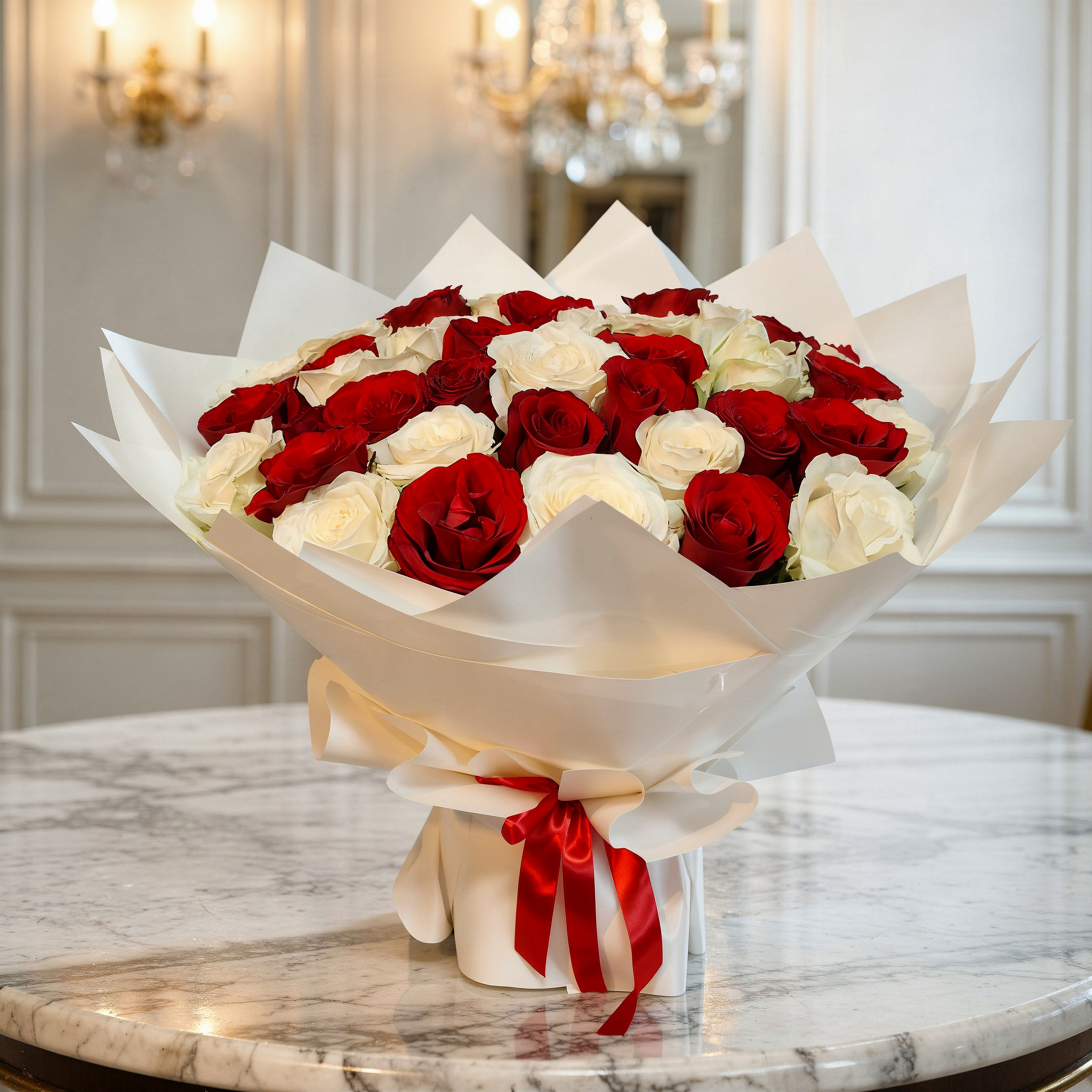 Bouquet of red and white roses with fillers in white wrapping with red ribbon.