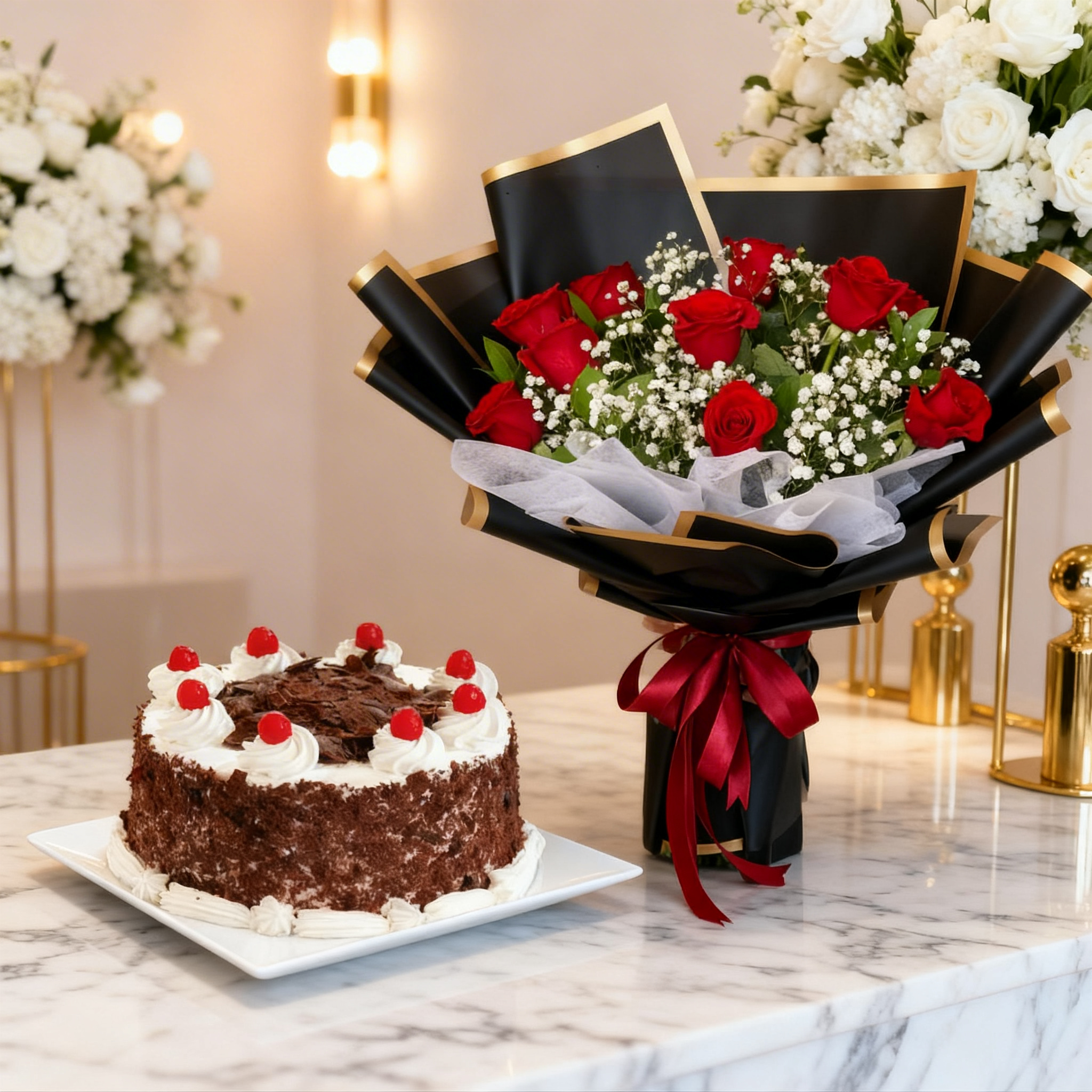 Red Roses Bouquet & Cake