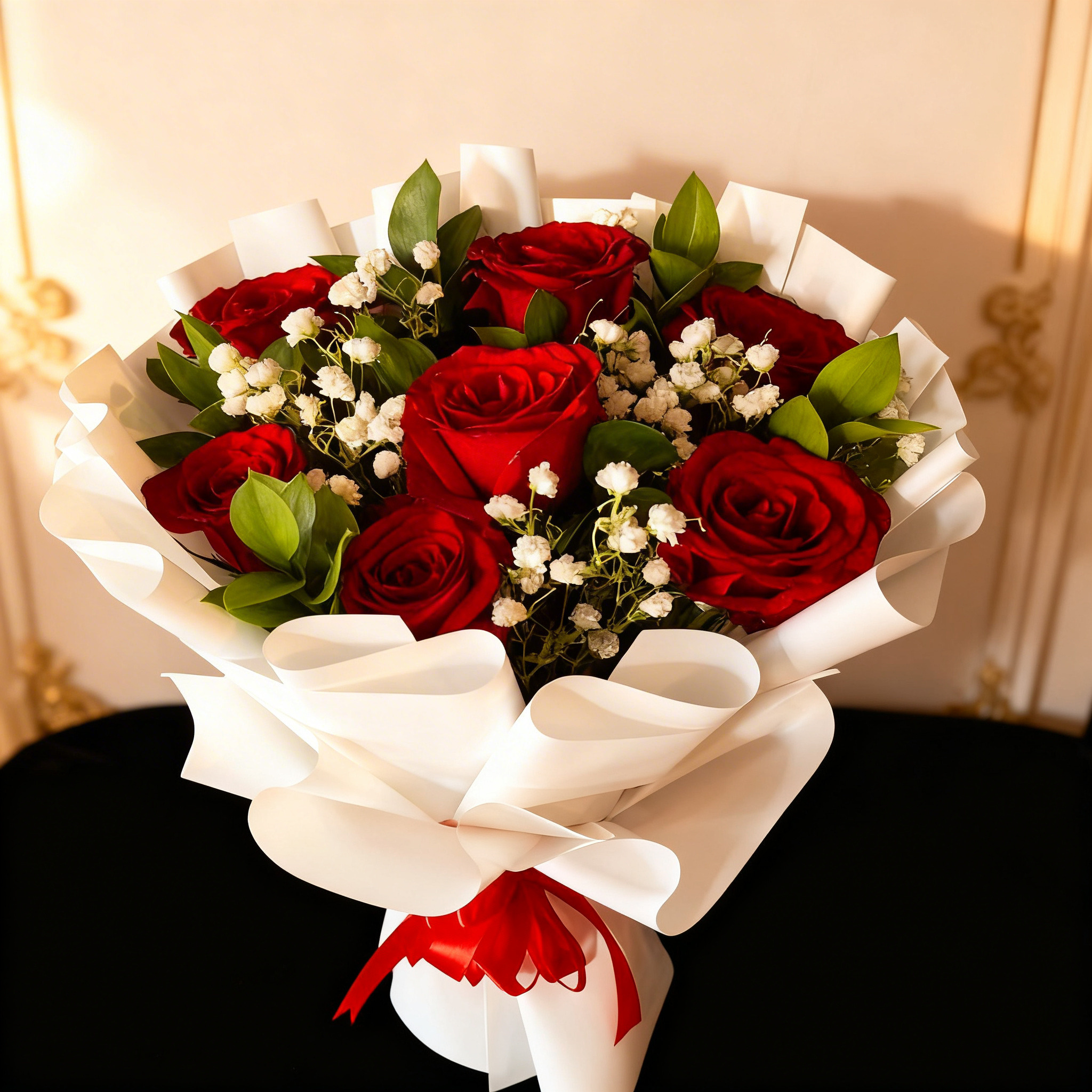 Bouquet of 7 red roses with fillers, beautifully wrapped in paper and tied with a ribbon.
