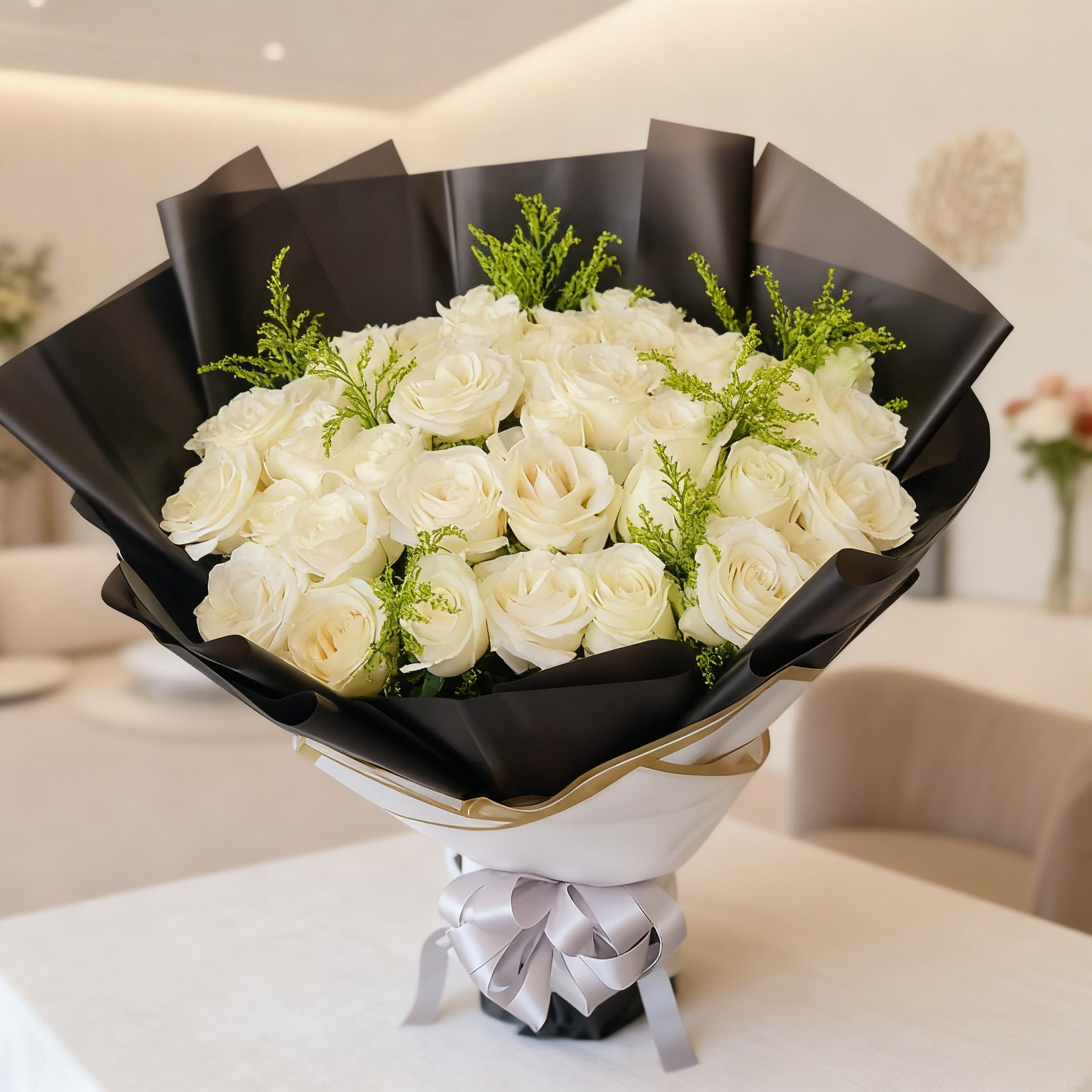 40 White Roses bouquet with greens