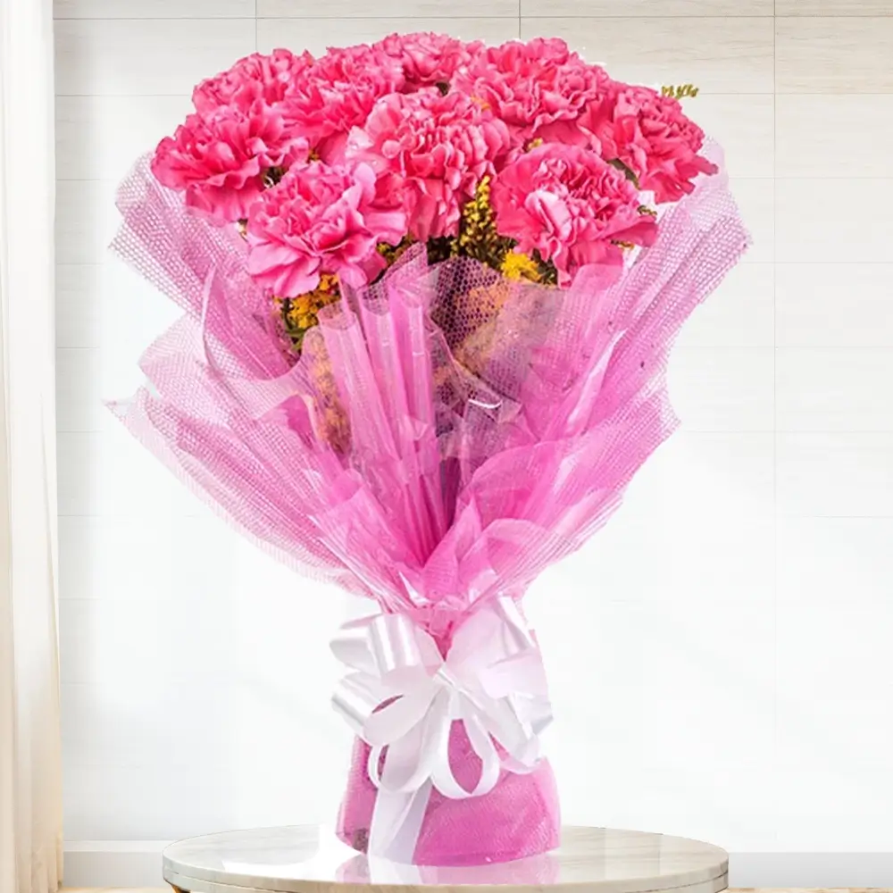 Bouquet of 10 pink carnations with green fillers