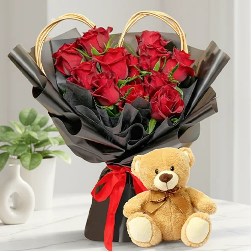 10 Red Roses & 15 Inch Teddy Bear